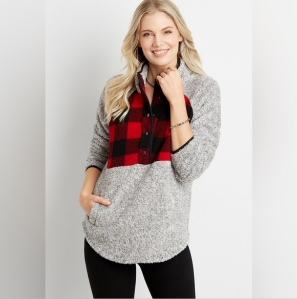 Maurices Sweaters - Maurices Gray Sherpa & Red Buffalo Plaid Yoke Snap Pullover Sweater Med Holiday